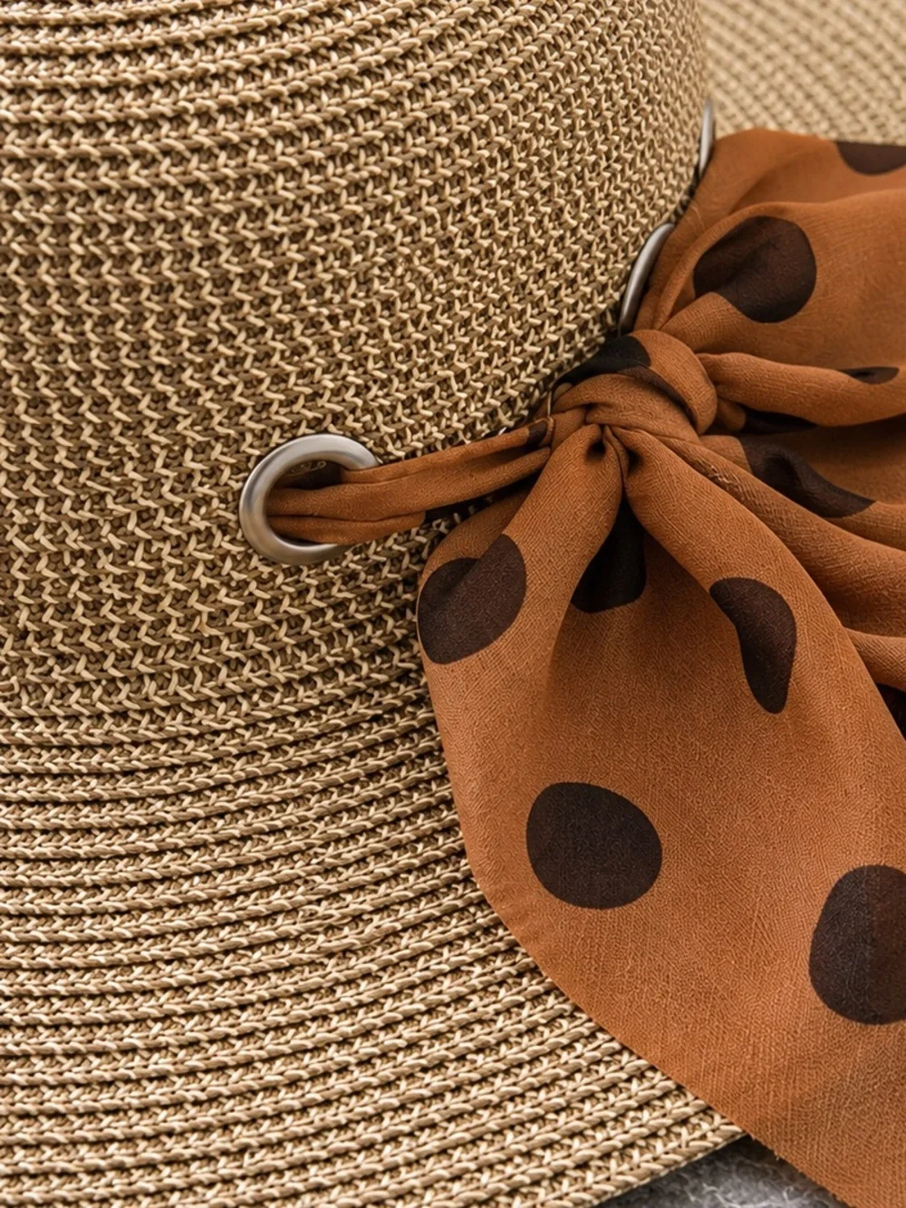 Wide-Brim Straw Sun Hat with Polka Dot Scarf - Tan